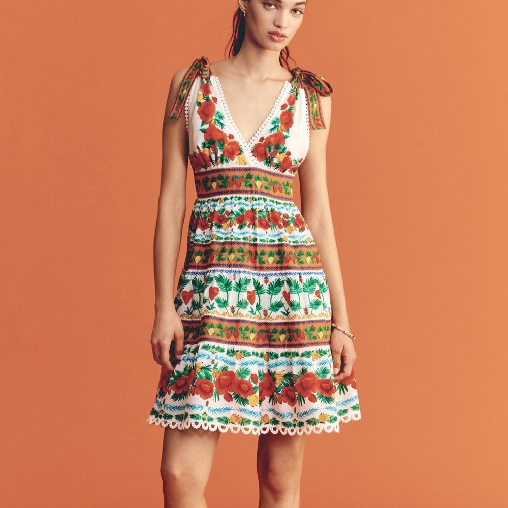 New FARM Rio x Anthropologie Tropical Foliage Ainika Tiered Mini Dress